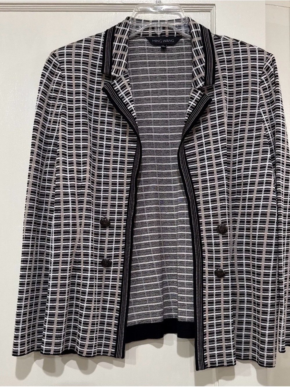 Ming Wang Black & White Grid-Pattern Knit Blazer